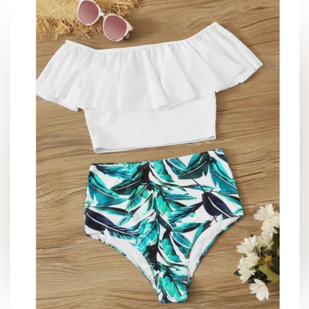 Two-Piece Off the Shoulder Swimsuit w/ Ultra High Waisted Bottoms